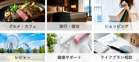 グルメ・カフェ／旅行・宿泊／ショッピング／レジャー／健康サポート／ライフプラン相談